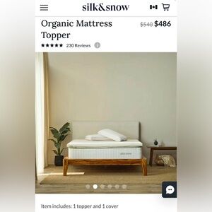 New! $549.18 Silk&Snow Organic Mattress Topper + Cover, King